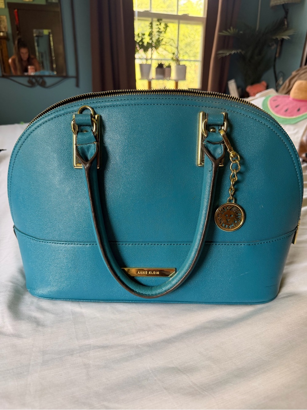 Anne Klein Teal Dome Satchel with Gold Hardware